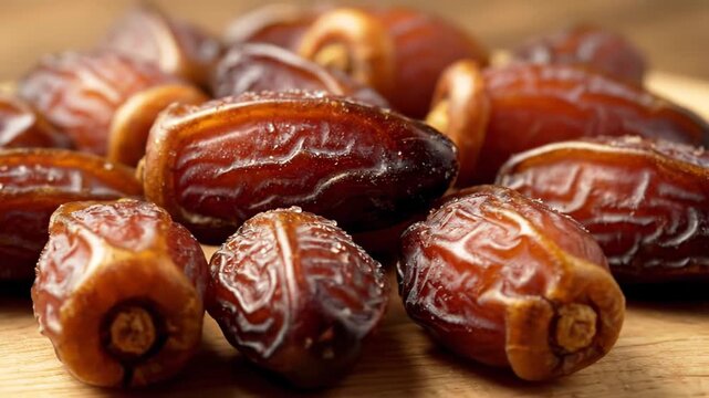 Glistening brown dried dates swirling in a pile. Close up of a nutritious and customary dessert enjoyed during Ramadan and in Middle Eastern dishes