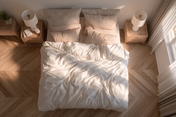 Minimalist bedroom with white bed and wooden nightstands