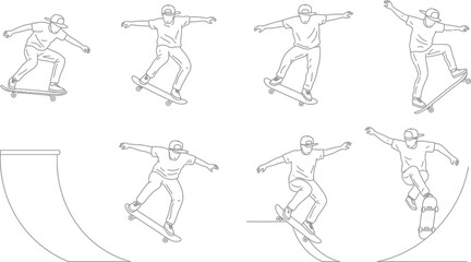 Skateboarders performing tricks a series of line art illustrations
