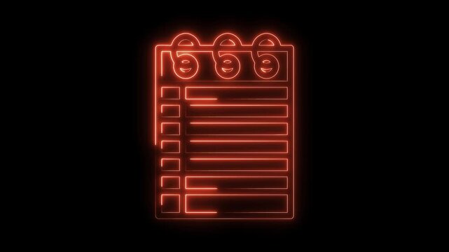 Neon notebook animation with list items glowing on black background high definition