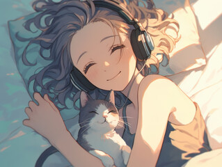 Girl sleeps with cat wearing headphones