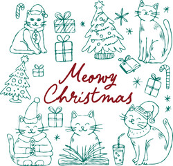 Meowy Christmas Cat Doodle – Cute Hand-Drawn Christmas Cats with Trees, Presents, Books and Drinks – Holiday Sublimation for Cat Lovers