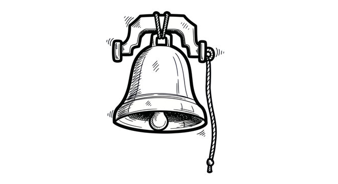 Vintage hand-drawn bell with clapper and pull cord.