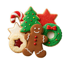 Assorted Decorated Holiday Cookies Including Gingerbread Man and Christmas Tree