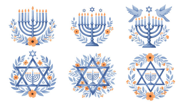 Menorah and Stars of David Illustrations for Jewish Celebrations