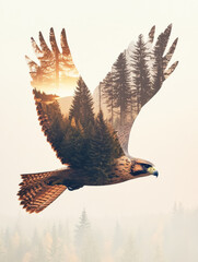 Soaring eagle with wings, naturally overlapping shadows