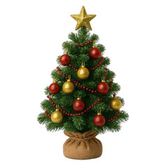 Decorative Christmas Tree with Gold and Red Ornaments and Star Topper on Transparent Background