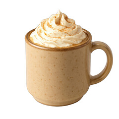 Creamy Whipped Cream Topped Coffee in a Beige Ceramic Mug on Transparent Background