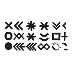 This image displays a collection of black, hand-drawn, abstract shapes and symbols arranged in a grid. The symbols vary, including crosses, chevrons, asterisks, circles, and a square. Some appear