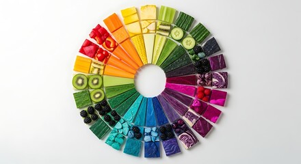 Obraz premium Fresh Food Color Wheel Rainbow Food Arrangement on White Background Healthy Eating Concept