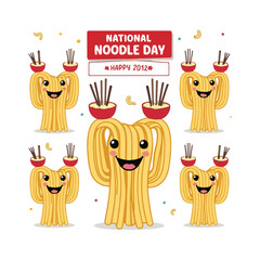 Celebrate National Noodle Day with vibrant flat vector artwork of noodles, ramen, spaghetti, playful noodle characters, and cozy food scenes for greeting cards and social media graphics.