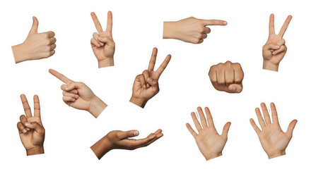 Cut-out hand gestures icons (varied skin tones) isolated on white background