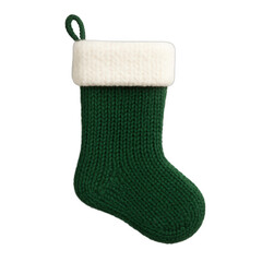 Knitted Green Christmas Stocking with White Trim on Transparent Background
