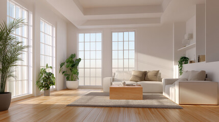Fototapeta premium Modern Scandinavian living room with natural light through large windows, minimalistic cozy furniture and white walls, wooden floor with indoor plants, soft neutral tones and textures