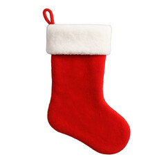 Red Christmas Stocking with White Fleece Cuff Hanging Against a Transparent Background