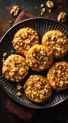 Delicious walnut cookies presented on a rustic plate, a treat for food lovers. The cookies are beautifully adorned with chopped walnuts