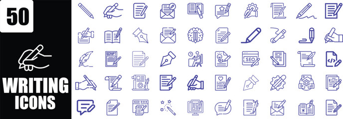 Collection of 50 Writing and Editing Icons with Pencils, Pens, and Documents