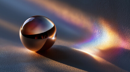 Glowing crystal sphere on a textured surface with rainbows