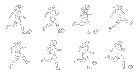 A sequence of line art illustrations depicting a female soccer player running