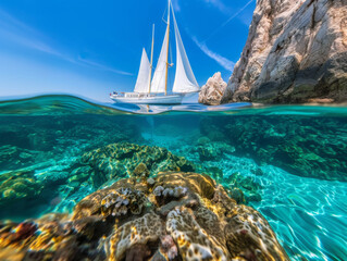 Sailing boats under the blue sky and crystal-clear seawater
