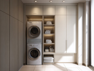 Modern compact laundry area with stacked washer and dryer in closet, functional apartment interior design with open shelves and storage, neutral color palette with minimalist aesthetic