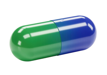 Blue and green capsule isolated on transparent background, medicine pill for healthcare and pharmaceutical use