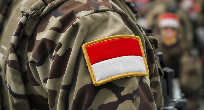 Indonesian army soldier in camouflage uniform with flag patch on the shoulder