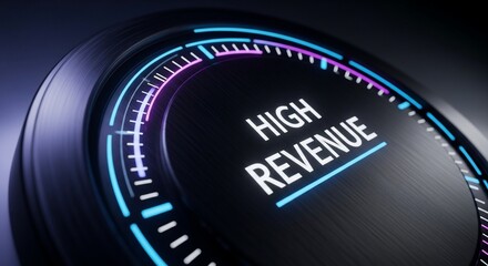 Visualizing High Revenue Growth through Futuristic Digital Display and Performance Meter Gauges Indicating Success and Profitability