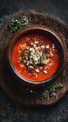 A tantalizing bowl of tomato soup topped with fresh herbs and cheese, ready to be savored. The rich red soup, beautifully presented in a rustic bowl.