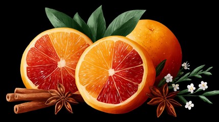 A vibrant illustration of oranges, one whole and two halves, showcasing bright orange and red flesh, surrounded by green leaves, cinnamon sticks, and star anise, on a black background
