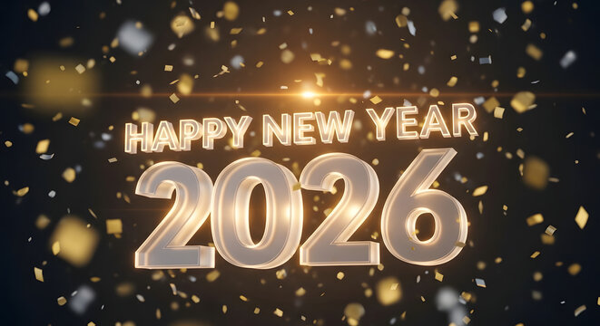 Happy new year 2026 celebration with glittering text and falling snowflakes sparkling lights - Powered by Adobe