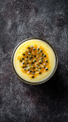 Passion fruit dessert with an enticing appearance. A delectable passion fruit dessert in a stylish bowl, showing every texture and color