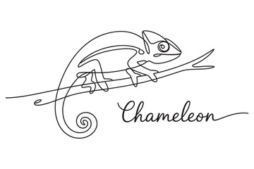 Continuous line drawing of a chameleon perched on a branch