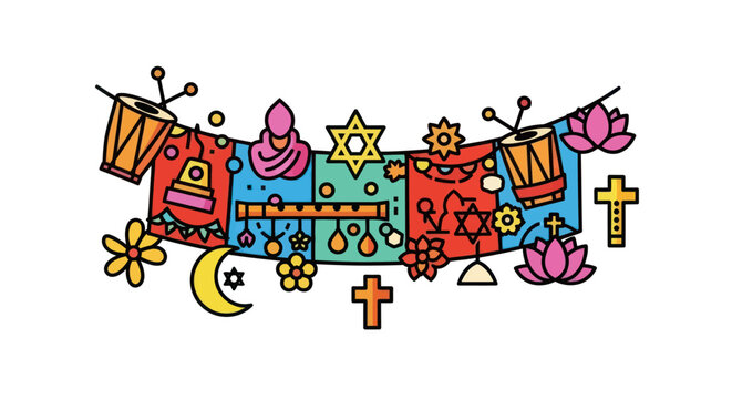 Colorful festive banner celebrating religious diversity with symbols of Christianity Judaism Islam and Hinduism.