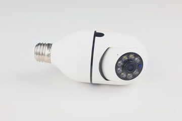 This image shows a white smart bulb-shaped IP camera against a plain white background.