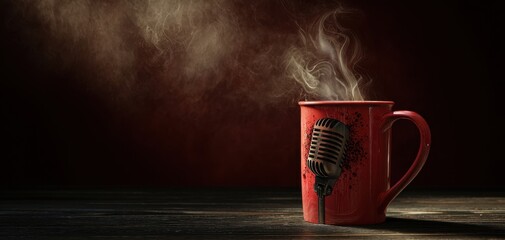 The Microphone Resting in a Red Mug on a Dim Wooden Studio Table