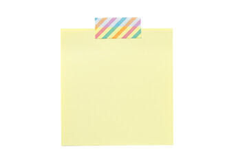 Yellow sticky note with colorful striped tape isolated, blank memo pad for reminders and messages