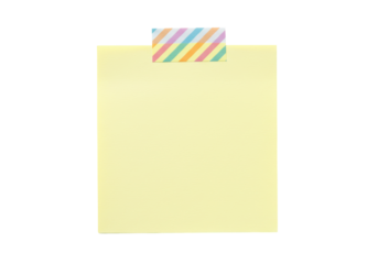 Yellow sticky note with colorful striped tape isolated, blank memo pad for reminders and messages