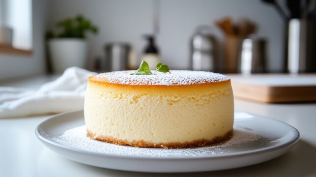 Classic Japanese Cheesecake on a White Plate with Mint Garnish