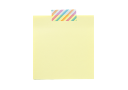 Yellow sticky note with colorful striped tape isolated, blank memo pad for reminders and messages