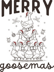 Merry Goosemas – Funny Goose Christmas Tree Illustration Featuring Multiple Geese Stacked in Tree Shape with Santa Hats and Ornaments, Perfect for Holiday Decor