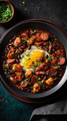A close-up, top-down shot of a hearty meal: delicious chili with egg on top