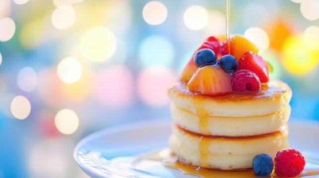 Fluffy Pancakes Topped with Fresh Fruit and Maple Syrup Drizzle