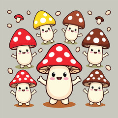 UK Fungus Day vector artwork with whimsical toadstool fairy houses, forest mushrooms, spore bursts, and seamless mushroom pattern in flat minimalist solid colors