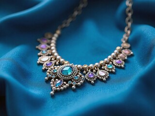 Ornate Gemstone Necklace with Blue Centerpiece and Multicolor Jewels on Rich Fabric Background