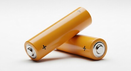 Two Orange Cylindrical AA Batteries Placed on a White Background in Studio Lighting Highlighting Their Metallic Contacts and Positive Terminals