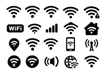 Wireless and wifi icons set. Internet connection signal strength, mobile data, network hotspot symbols. Communication UI UX pictogram collection. Vector glyph illustration.