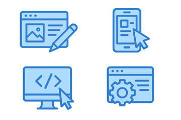 Web design and development icon set. UI UX, programming, optimization concept. Flat vector illustration for mobile app, website building, coding, user interface design. SEO.