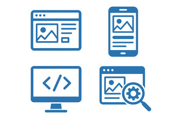 Web design UI UX icon set. Blue flat conceptual icons for website development, programming, coding, responsive mobile design, and SEO optimization. Vector graphic interface symbols.