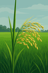 A close-up illustration of a rice plant in a lush green paddy field. The golden-yellow grains of rice hang gracefully from the stalk, indicating ripeness and the approach of harvest season. The backgr